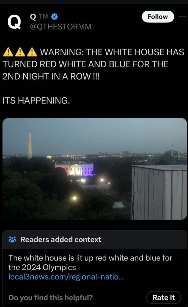 screenshot - Q Qtm Aaa Warning The White House Has Turned Red White And Blue For The 2ND Night In A Row!!!! Its Happening. Readers added context The white house is lit up red white and blue for the 2024 Olympics local3news.comregionalnatio... Do you find 